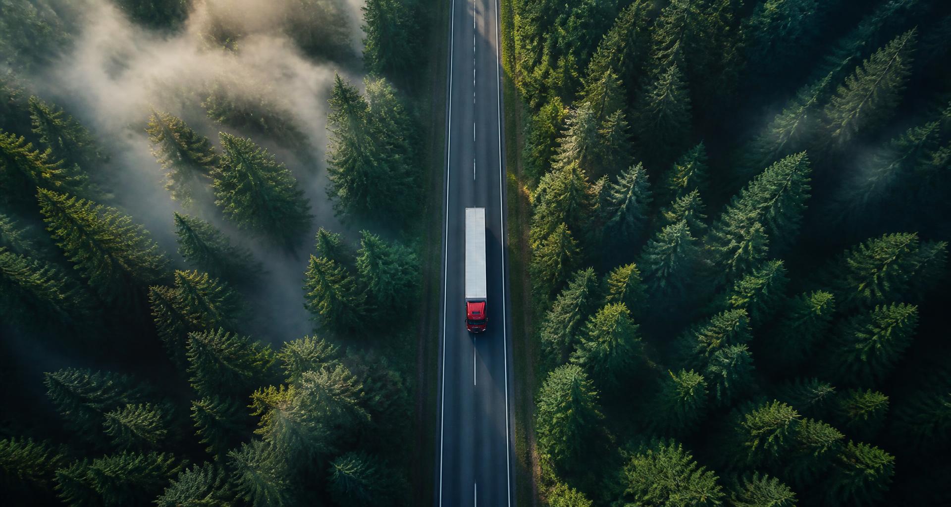 Aerial view of an NKT NIPPON KONPO (THAILAND) truck driving through a forest highway